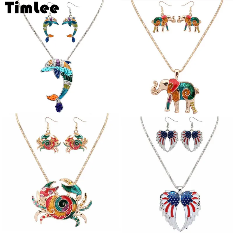 

Timlee N163 Fashion Drops Of Oil Elephant Crab Dolphin Wing Color Pendant Necklace , Jewelry Wholesale