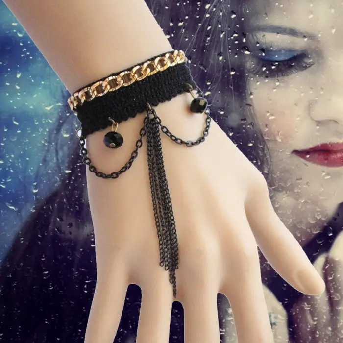 

Free Shipping Gothic Victorian Dress Black Crystal Lace Lolita Bracelet