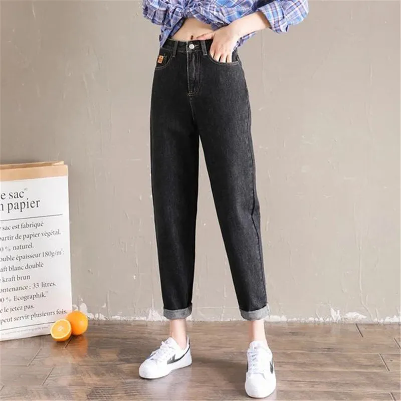 Винтажные женские джинсы для женщин в стиле бойфренд мама джинсы с высокой талией синие повседневные узкие брюки Корейская уличная одежда джинсовые брюки mujer - Цвет: Black
