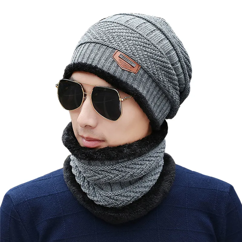 AZUE Mens Fleece Lined 2 Pieces Beanie Hat Scarf Set Winter Thick Warm Solid Skull Caps Scarfs for Men