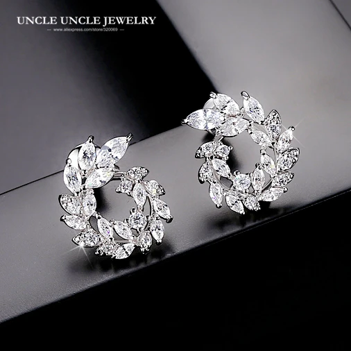 

White Gold Color Circle Olive Branch Design Clear Cubic Zirconia Inlay Leaf Element Woman Stud Earring Wholesale Gift