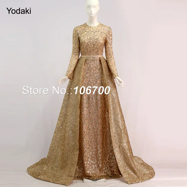 Real Photos Detachable Tail Formal Evening Dresses Glitter Fabric Real Photos Detachable Tail Formal Evening Dresses Glitter Fabric Long Sleeves O Neck Gold Color Pageant