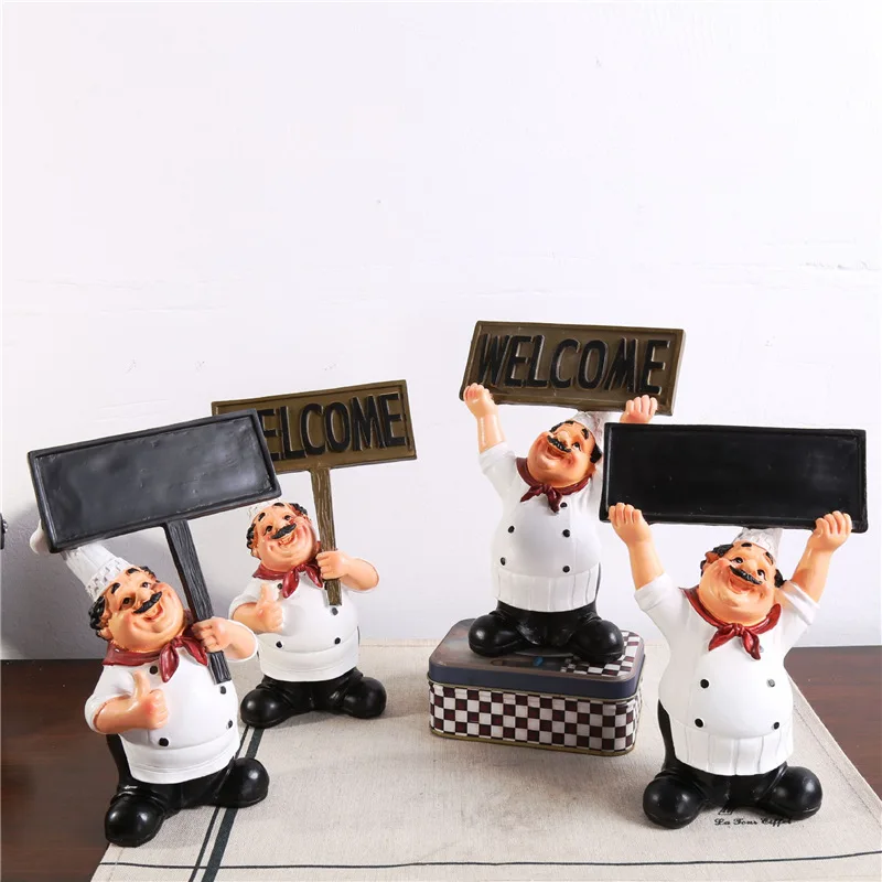 

American Style Chef Statue Show a Card Welcome Miniature Figurine Blackboards Model Kitchen Coffee Decoration Ornaments YWWX44