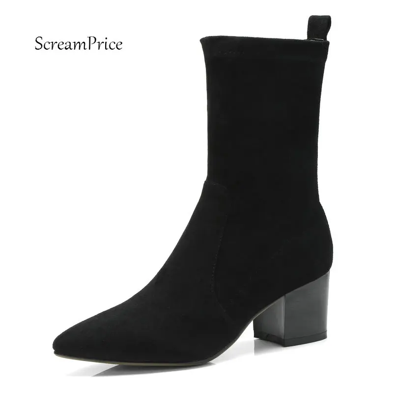

Ladies Suede Comfort Square Heel Ankle Boots Fashion Pointed Toe Slip On Fall Winter Bootie Black Gray