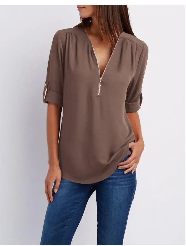 Блузка, женские рубашки, лето-осень, повседневный шифоновый топ с v-образным вырезом, Camisa Feminina, длинный рукав, черные, белые, женские блузки, рубашка - Цвет: coffee