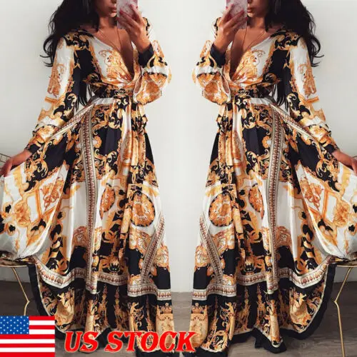 

Hot Women V-neck Long Sleeve Boho Holiday Vintage Maxi Dress Evening Party Fit and Flare Dresses Female Clothing