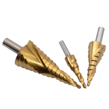 

3pcsHss Drill Bit Step Cutter Set Titanium Cone Hole 4-12 4-20 4-32mm Spiral Flute 1/4"Hex Shank Step Cone Drill Hole Cutter Bit