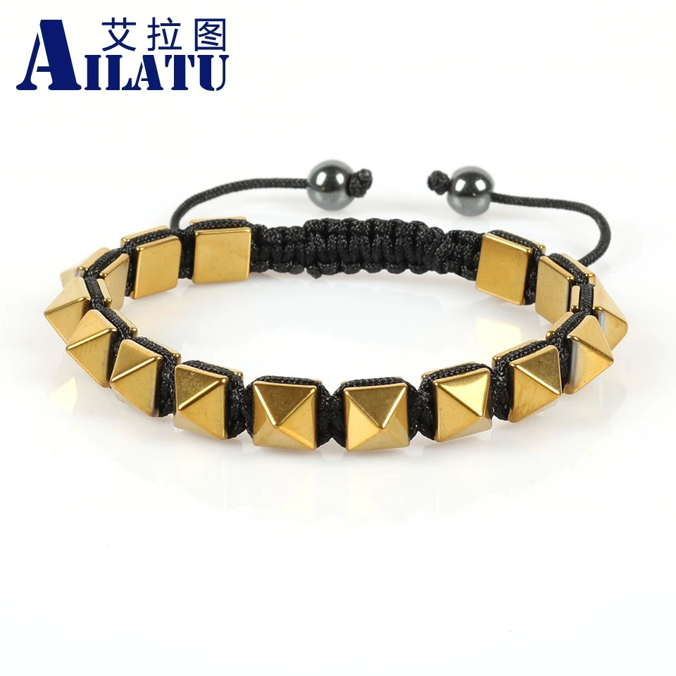 

Ailatu Brand Men's Jewelry 8X8mm Hematite Beads Pyramid Macrame Braiding Bracelet for Christmas Gift