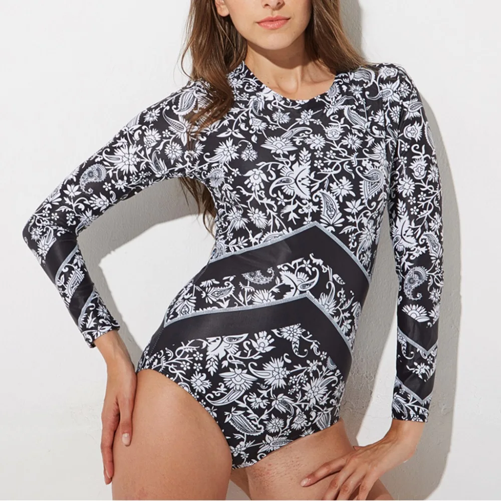 2019 طويلة الأكمام قطعة واحدة المايوه rashguard مطبوعة طفح الحرس النساء ملابس السباحة تصفح بدلة السباحة