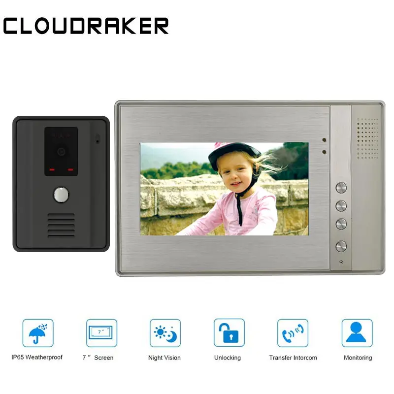 

CLOUDRAKER Intercom System 1x Metal Texture Monitor with 1x720P Wired Door Phone Camera 7 Inch Video Intercom Doorbell
