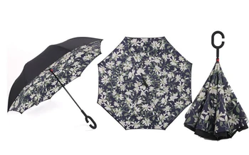 

Nice Windproof Reverse Folding Double Layer Inverted uv protection Umbrella Self Stand Rain Protection C-Hook Hands For Car