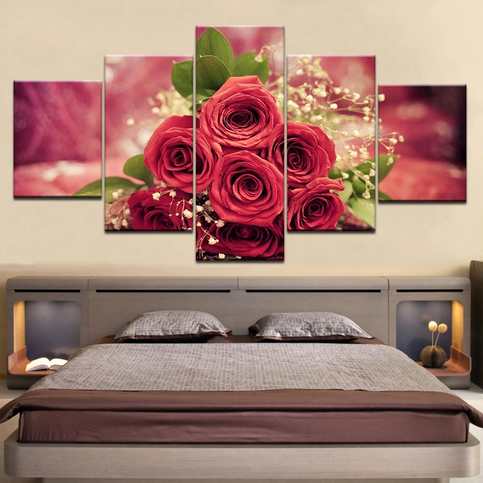 Romantic Red Rose Flowers Stone Petal Canvas Prints Painting Wall Art 5PCS 