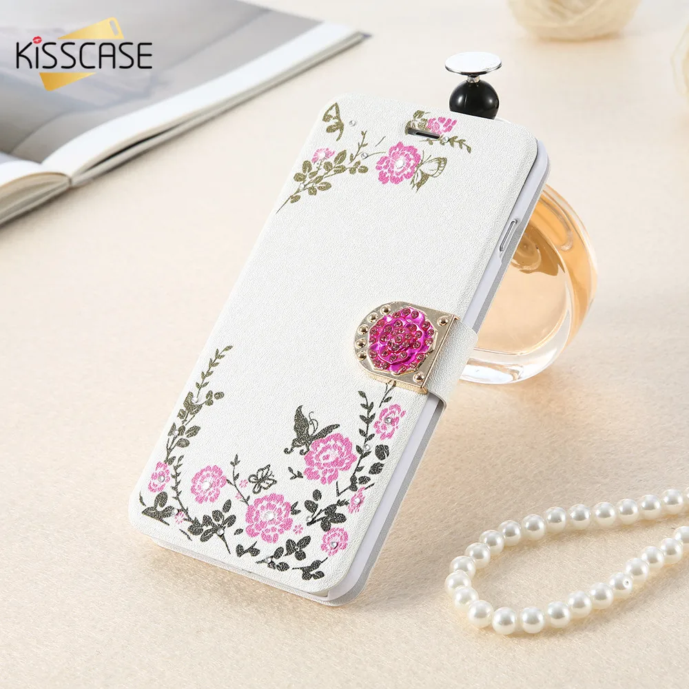 

KISSCASE Flower Leather Wallet Case For iPhone 7 6 6S Plus Bling Diamond Buckle Magnetic Flip Cover For Samsung Galaxy S8 Plus