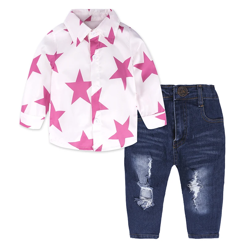 

2018 New Kids Girls Clothes Long Sleeve Star Blouse Shirt Tops+Hole Jean Pant 2PCS Outfits Fashion Children Clothing BB411