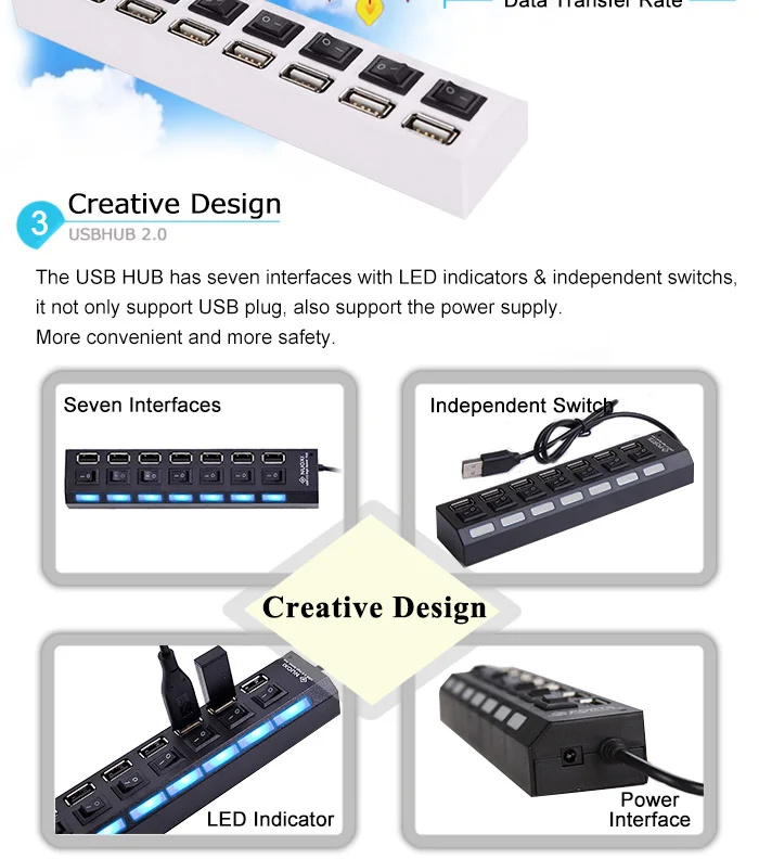 Мульти 7 портов usb-хаб 2,0 480 Мбит/с высокоскоростной КОНЦЕНТРАТОР USB переключатель вкл/выкл портативный usb-разветвитель периферийные устройства Аксессуары для компьютера ПК