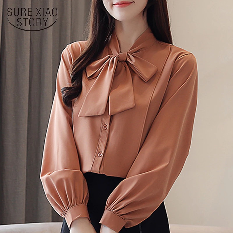 

fashion womens tops and blouses 2019 solid Chiffon blouse shirt bow tied office blouse Lantern long Sleeve women shirts 2444 50