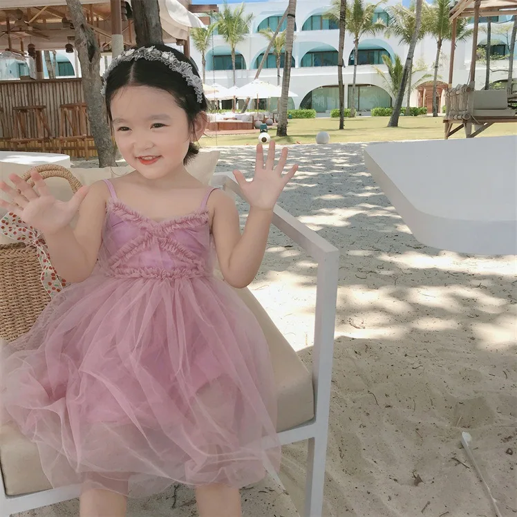 

Solid Color kids evening party dresses for girls summer tutu dress Children sling Jumperskirt baby beach dress