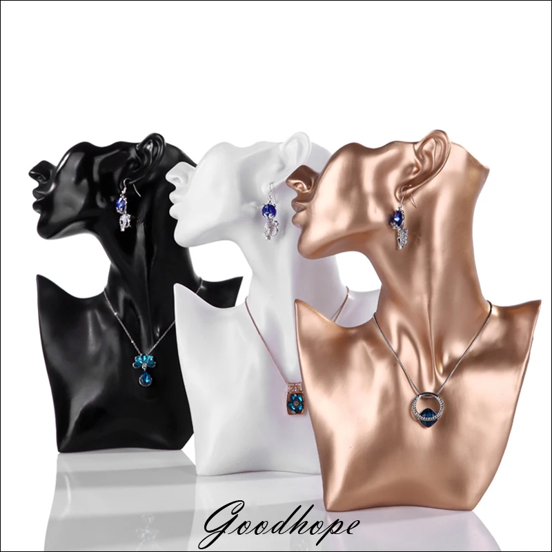 Finest Pearl Chain Jewelry Earring Colar Necklace Display Stand Rack Black White Gold Resin Jewellery Organizer Holder Bust Case