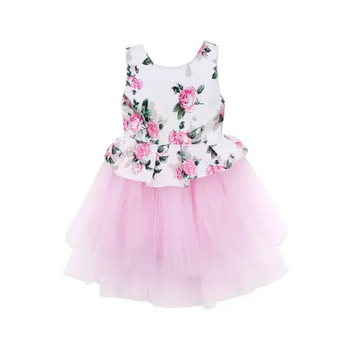 Розовое фатиновое платье-пачка принцессы с цветочным рисунком для маленьких девочек праздничные платья Бальные платья для маленьких девочек от 0 до 3 лет одежда для малышей