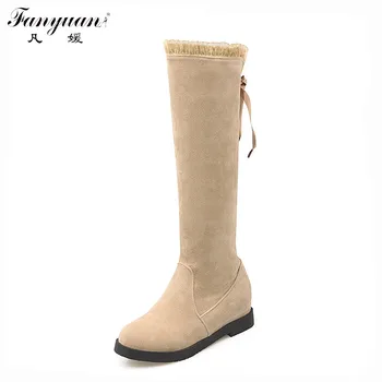 

2017 New Arrival Women Winter Warm Fashion Shoes Knee-High Height Increasing with Ruffles and Ribbons Decoration Female Boots