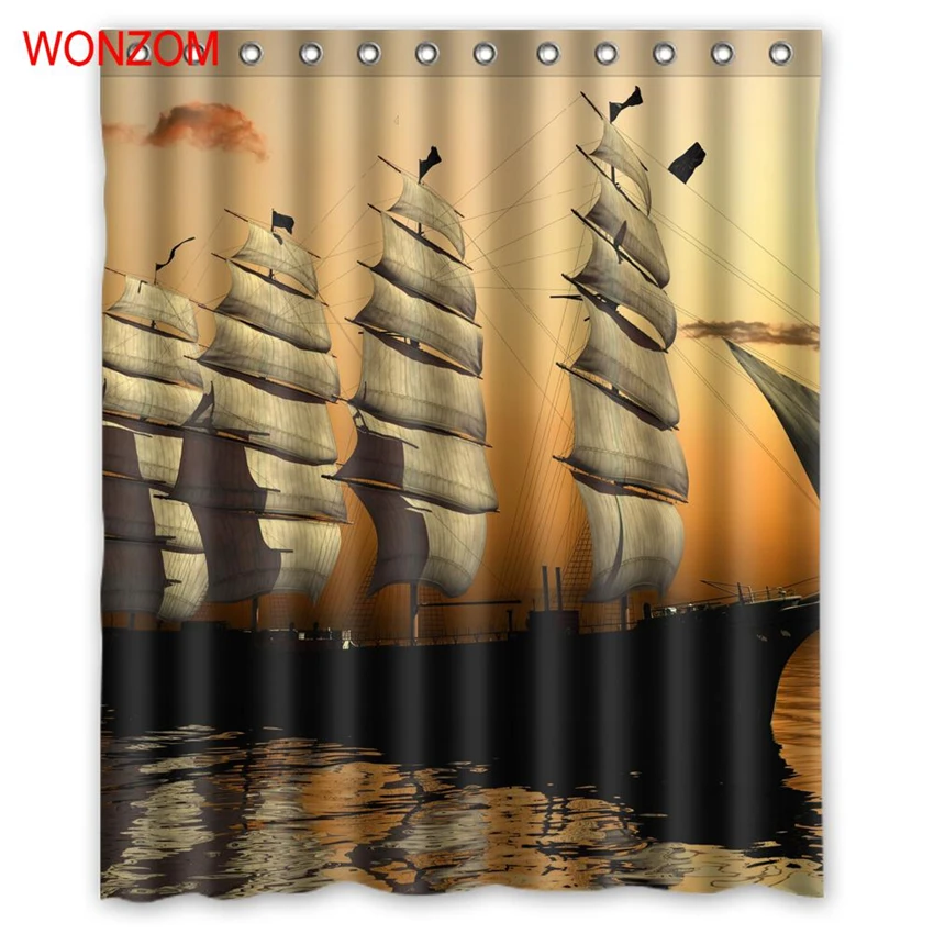 

WONZOM Boat Sailing Shower Curtains with 12 Hooks For Bathroom Decor Modern Landscape Bath Waterproof lightning Curtain Gift