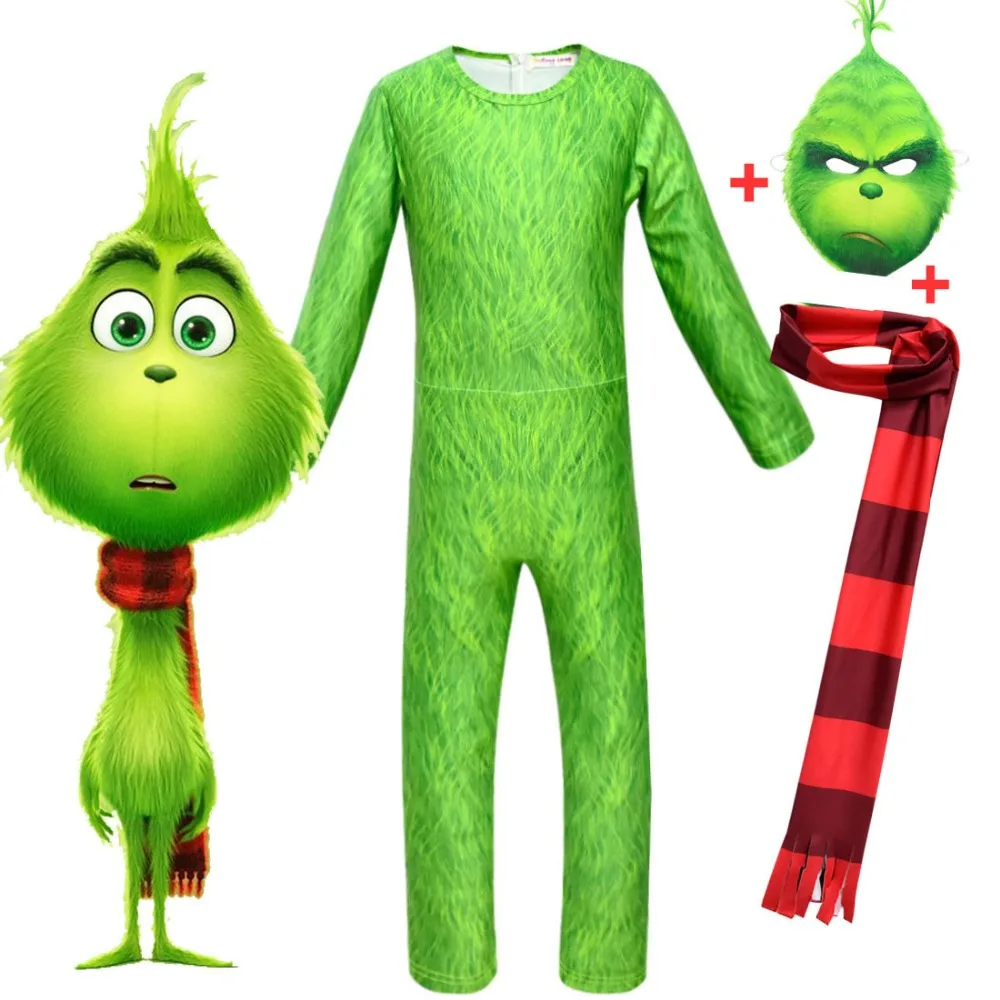 

2019 New Grinch Bodysuit Cosplay Costumes Jacket Boys girls Sweatshirt Kids Christmas GRINCH FULL FACE Cartoon Jumpsuits&Rompers