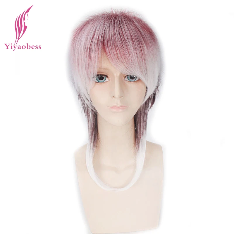 

Yiyaobess 14inch Synthetic Green Blue Brown White Ombre Men Wig With Bangs Heat Resistant Male Wigs Cosplay