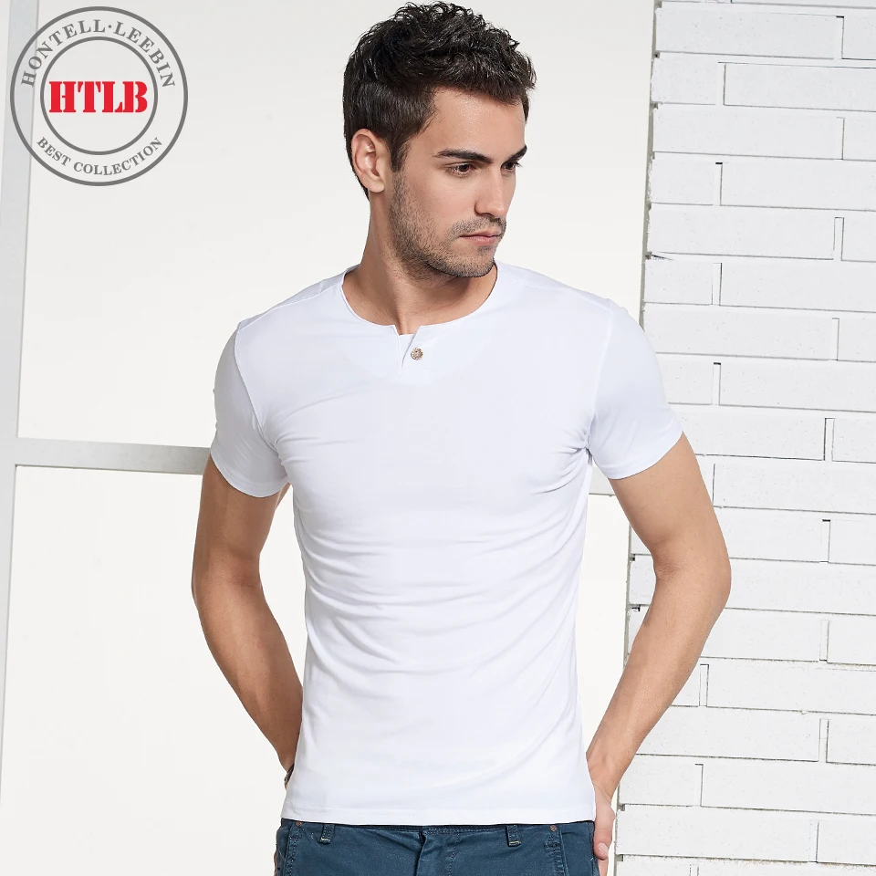 

HTLB Men Summer New Casual Cotton Short Sleeve T-shirt Men Brand Clothing Solid Button Soft T Shirt Male Fashion Top Tees Men