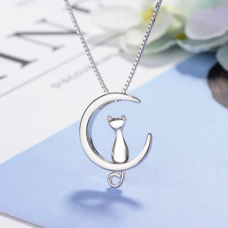 

Real Pure 925 Sterling Silver Cat Moon Necklaces Pendant Long Kitty Necklace For Women Hot Fashion sterling-silver-jewelry
