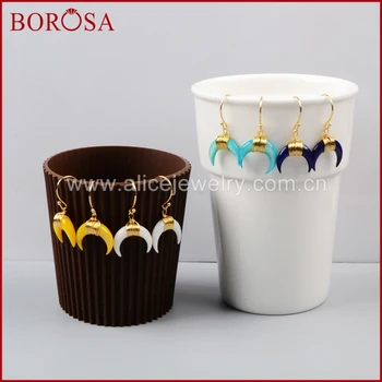 

BOROSA 5Pairs Drop Earrings Jewelry Earrings Gold Color Wire Wrap Rainbow Shell Double Horn Dangle Earrings for Women G1123-E