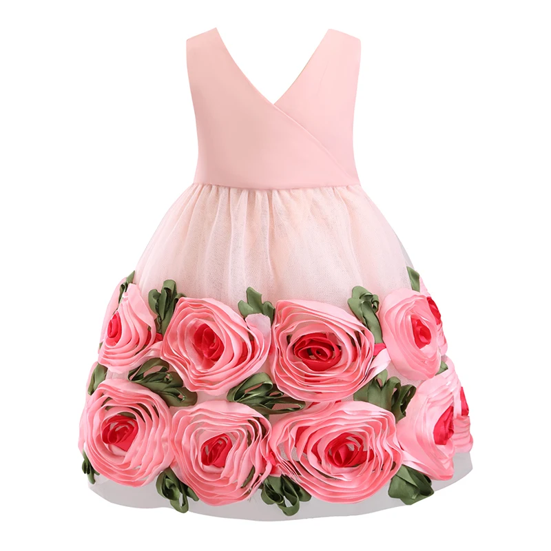 Элегантное платье принцессы с вышитыми розами для маленьких девочек на свадьбу, день рождения, вечеринку, летнее торжественное платье для девочек, vestidos, детская одежда