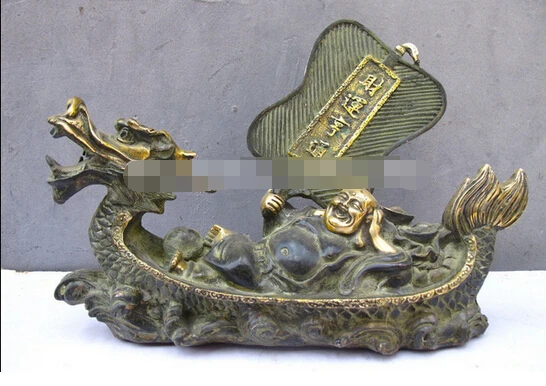 

China Feng Shui Bronze Gild Happy Maitreya Buddha Sit Dragon boat Ship statue decoration bronze factory outlets