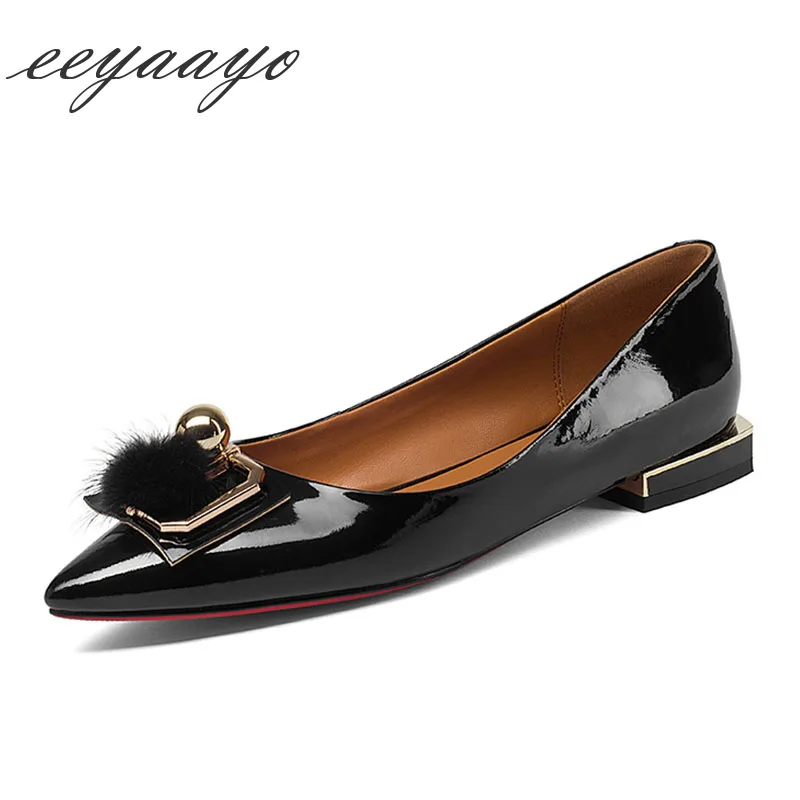 

2019 New Genuine Leather Spring Women Pumps Low Heel Pointed Toe Shallow Marten Hair Sexy Women Cow Leather Shoes Black Pumps