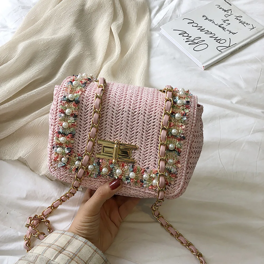

Straw Cross Body Bag Messenger Bags Women Bag High Quality Luxury Pearl Chain Shoulder Strap Fashion Small Shoulder Bags #15