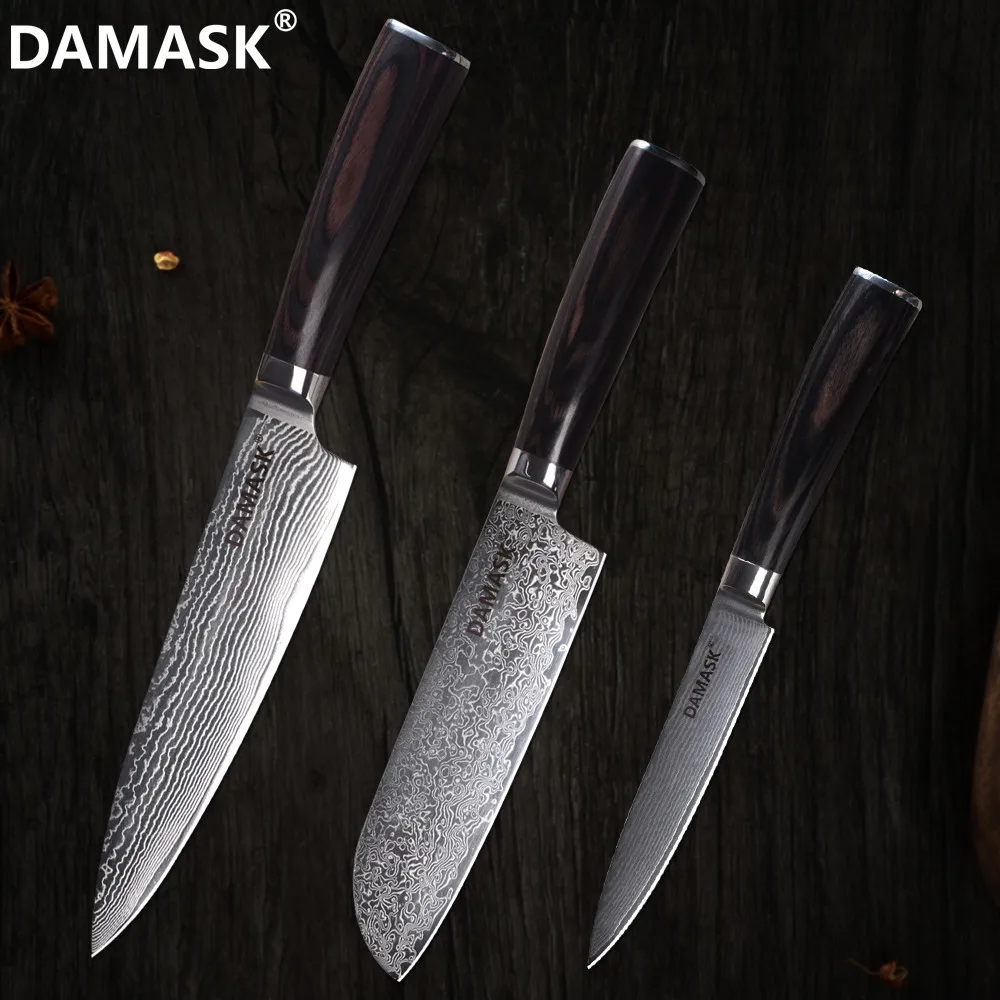 

Damask Razor Sharp Damascus Kitchen Knife Set 3 Piece Damascus Chef Santoku Utility Knive Set VG10 Japan Steel Cooking Knife Hot