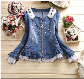 Fast Shipping Best Selling!Wholesale And Retail Ladies Lace Jeans Coat Pearl Collar Women Denim Jacket Female Cowboy Wear - Цвет: dark blue