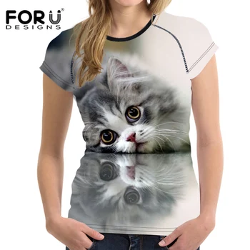 

FORUDESIGNS Summer Fashion Women Basic T Shirt Tee Tops Funny 3D Cat Animal Slim Bodybuilding Woman t shirts Camisas Femininas