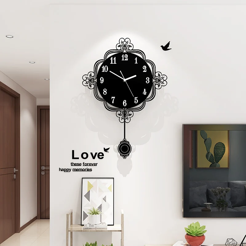

Swingable Wall Clock Silent Flower Shape Modern Design Living Room Quartz Watch Metal Pointer Black Clocks With Wall Stickers