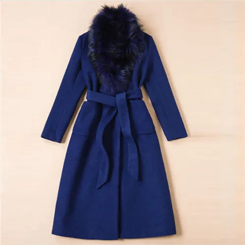 Autumn Winter Celebrity High Streen Long Wool Coat Women Woolen Overcoat FUr Collar Solid Blue Coats Wine Red Outerwear Size XL