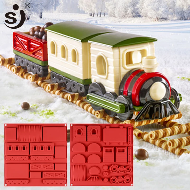 Baratos SJ Pastel de Navidad molde de pan de jengibre decoración para tren de hornear de silicona molde FDA aprobado Mousse de pastel para hornear bandeja 2019