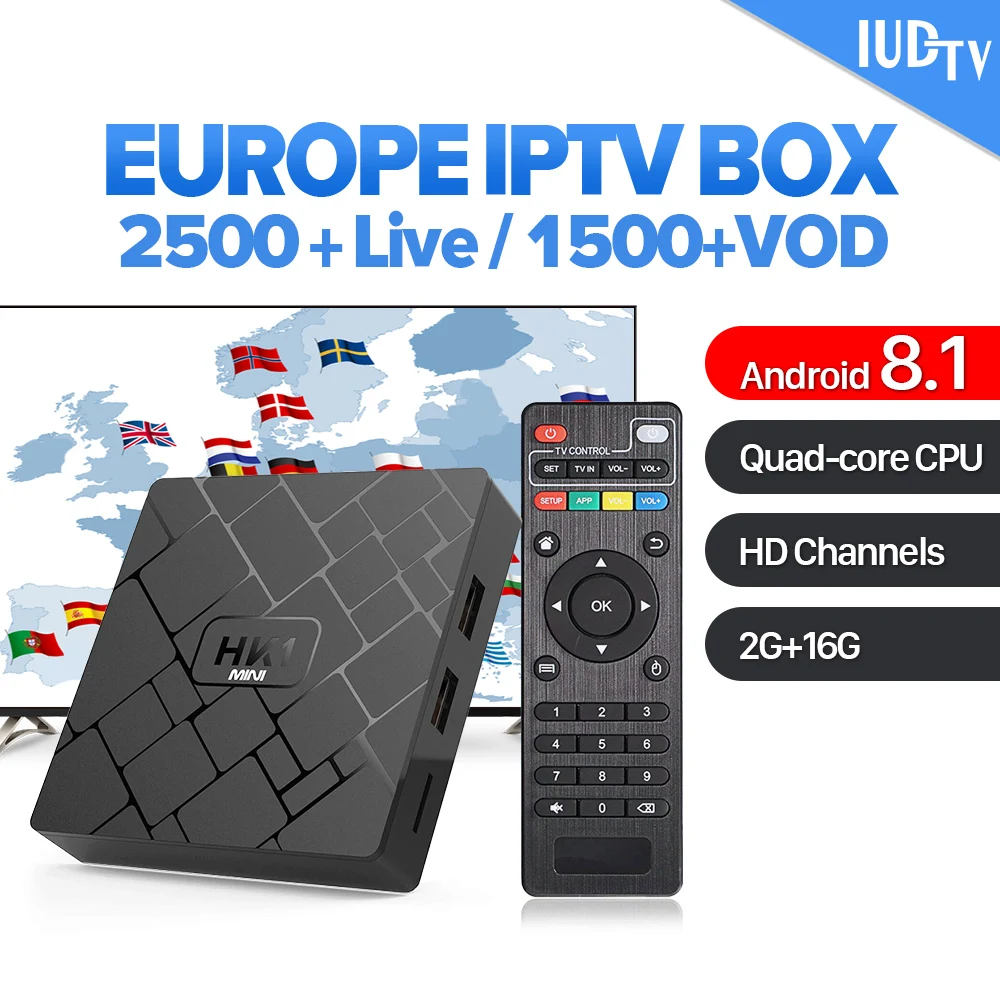IP ТВ испанская коробка Android 8,1 интерактивное телевидение iudtv подписка 1 год 2 г 16 Гб 2,4 г Wifi HK1mini IP tv Италия Германия, Швеция Испания IP ТВ