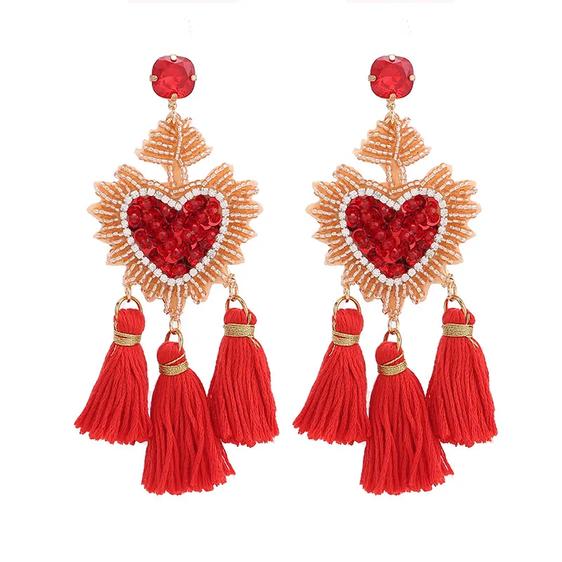 Sehuoran богемные Висячие серьги для женщин Свадебные серьги с кисточками ювелирные подвески в форме сердца с бахромой BeadsHandmade фирменный дизайн - Окраска металла: E1106 Red