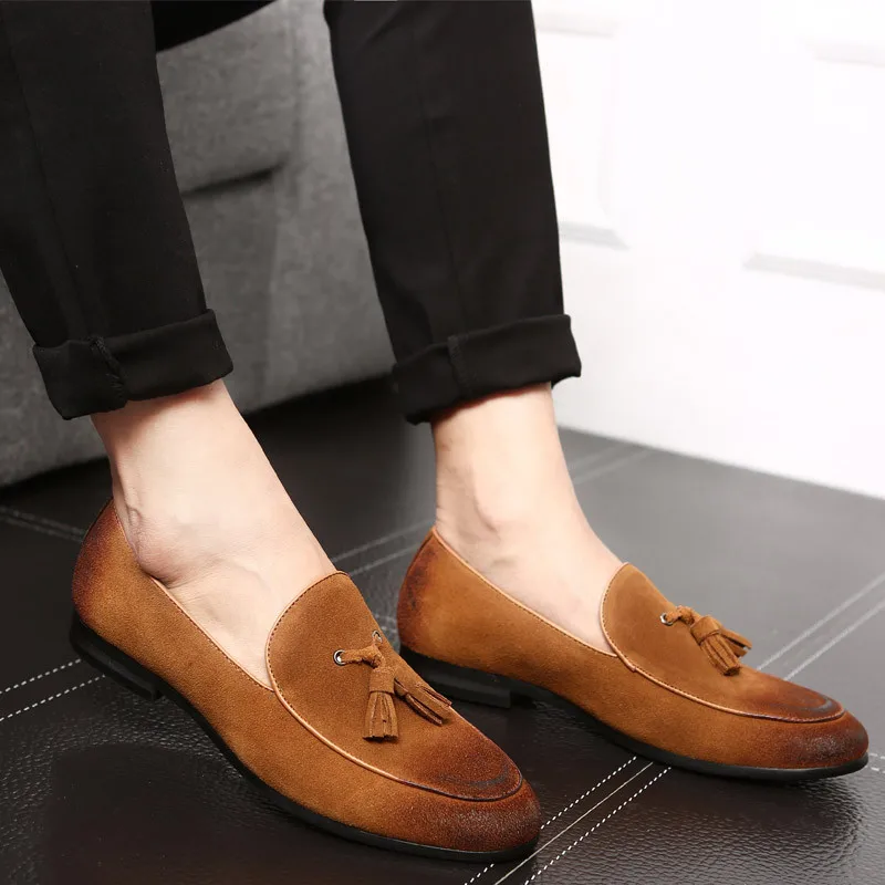 Merkmak Men's Suede Loafers Italian Style Tassel Casual Leather Men Shoes Designer Gradient Scrub Slip On Wedding Footwear Man's
