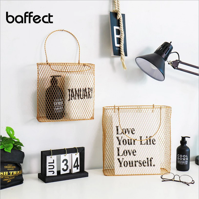 

Creative Iron Wall-mounted Magazine Rack Book Newspaper Shelf Storage Hanging Basket Gold/Black Portable Storage Basket