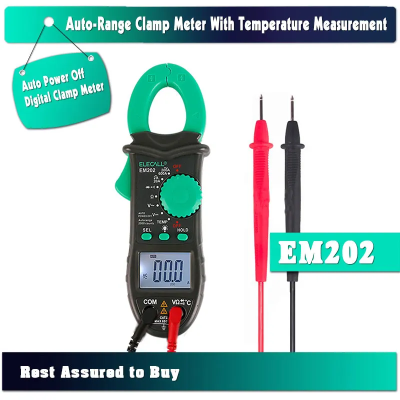 

ELECALL EM202 2000 Count AC/DC Voltage AC Current Digital Clamp Meter With Resistance And Temperature Measurment