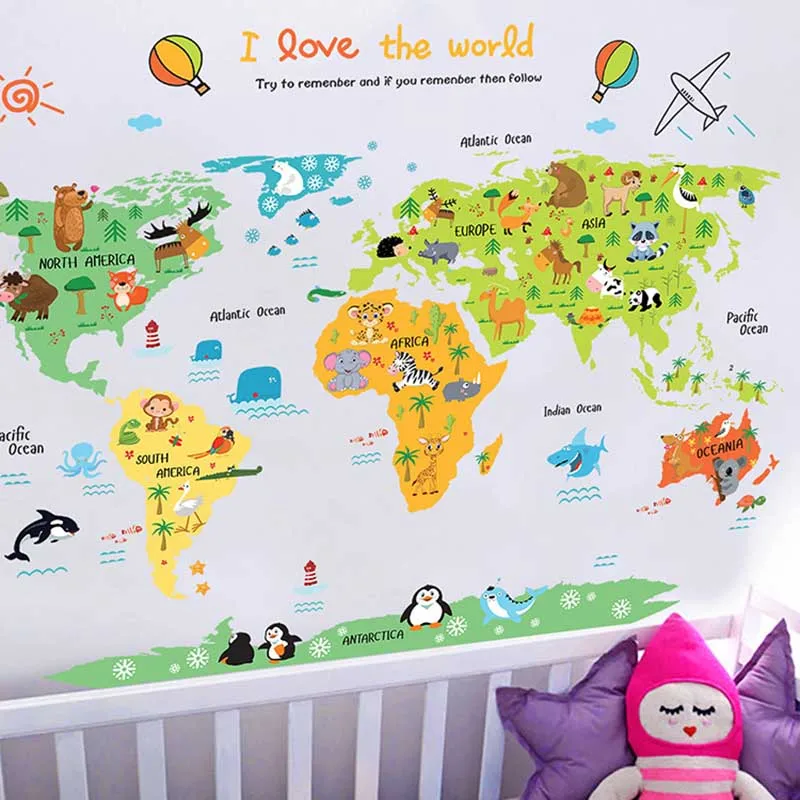 Cartoon Safari Animals World Map Nursery Wall Stickers for Kids Room Decoration Letters Global Maps E2S