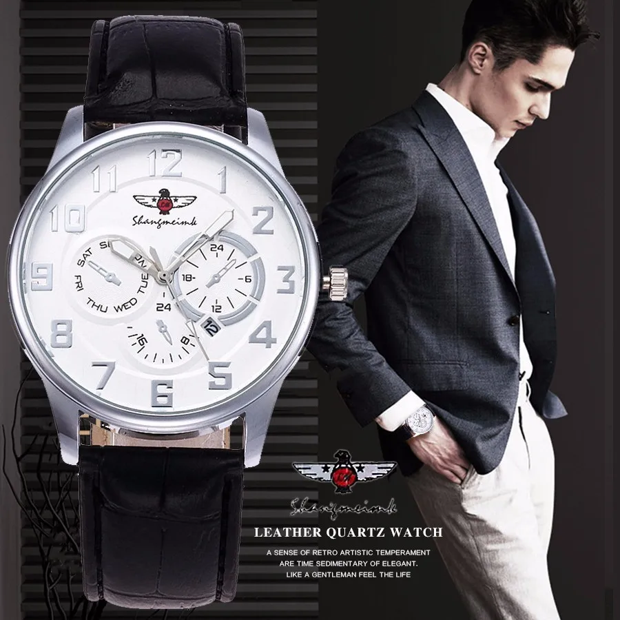 

SHANGMEIMK Watches Top Brand Luxury Fashion Men Business Watch Clock Leather Strap Quartz Male Wristwatches Relogio Masculino