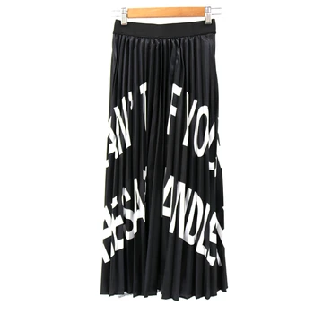 

Black White English Letters Fashion Skirt Autumn Winter Waist Skirt Women Elastic Waist Spring Pleated Long Skirts Femal
