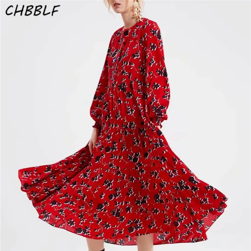 

CHBBLF women floral print mid calf red dress long sleeve o neck pleated female casual retro midi dresses vestidos mujer XDN8718