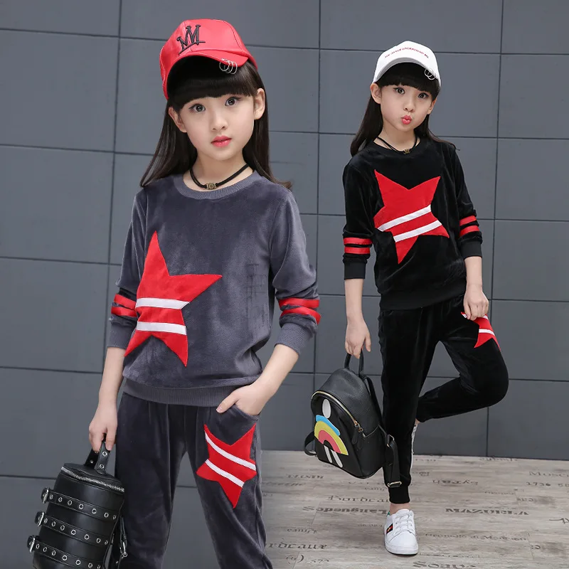 

High Quality Children Sports Sets Kids Velvet Suit 2019 Teenage Clothing Set Casual Stars Two Piece Tracksuit for Girl 3- 12 Y